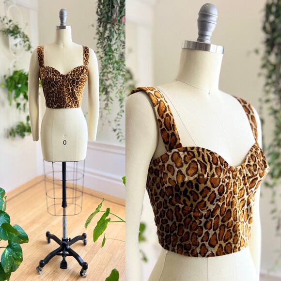 Vintage Tops - Vintage 1990s Bustier 90s Leopard Animal Print Pin Up Faux Fur Velvet Crop Top